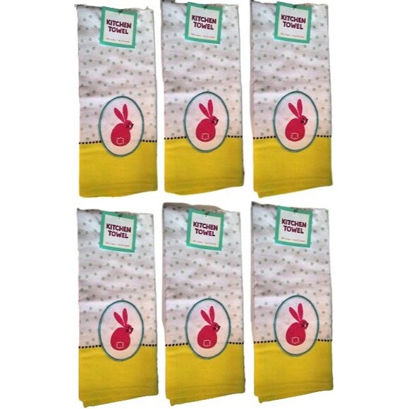 Kane Home Kitchen Towels Spring Bunny x6 Yellow with Green Poka Dots 16"x26" - Picture 1 of 2
